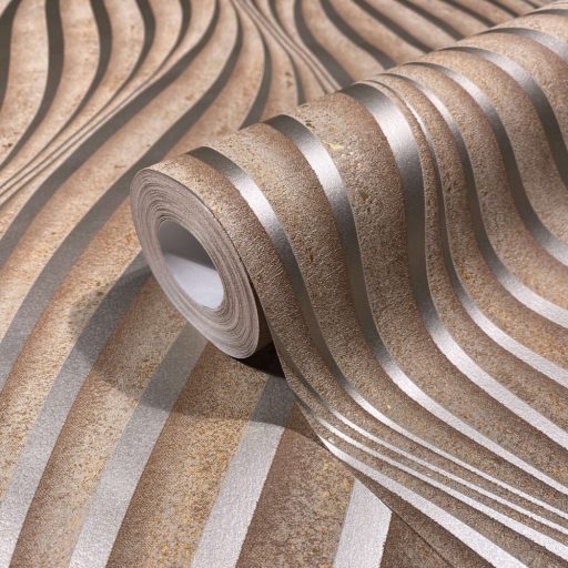 Absztrakt hullám (spirál)minta beton háttéren 3D barna és arany tónus fénylő mintarajzolat tapéta