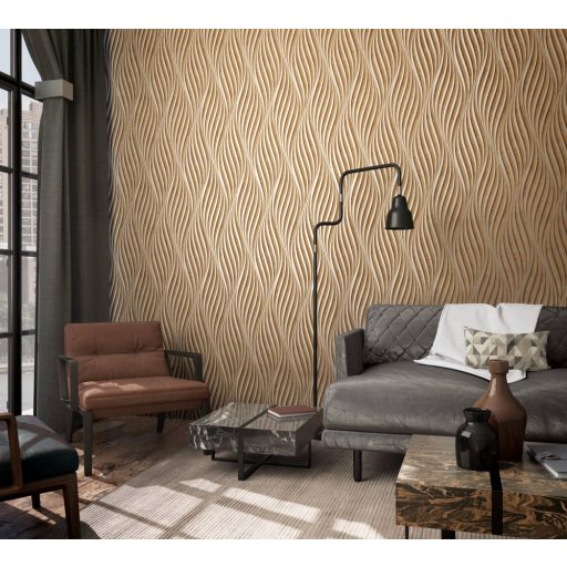 Absztrakt hullám (spirál)minta beton háttéren 3D barna és arany tónus fénylő mintarajzolat tapéta