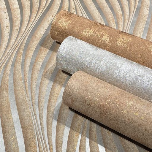 Absztrakt hullám (spirál)minta beton háttéren 3D barna és arany tónus fénylő mintarajzolat tapéta