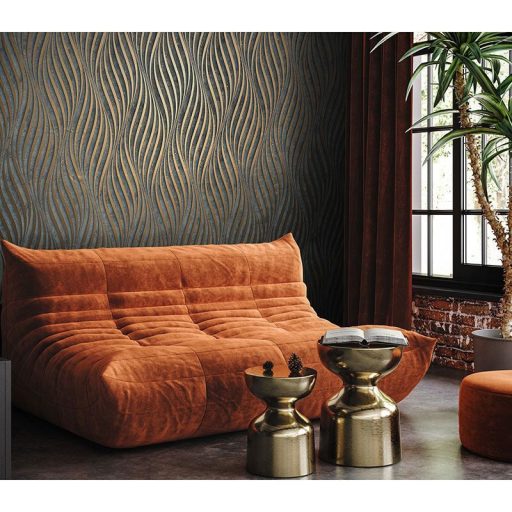 Absztrakt hullám (spirál)minta beton háttéren 3D antracit és rézszín tónus fénylő mintarajzolat tapéta