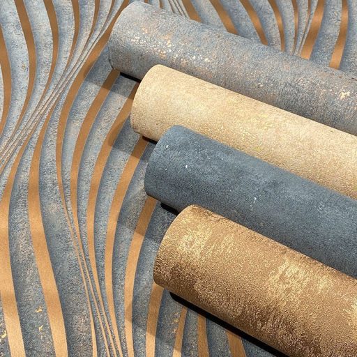 Absztrakt hullám (spirál)minta beton háttéren 3D antracit és rézszín tónus fénylő mintarajzolat tapéta