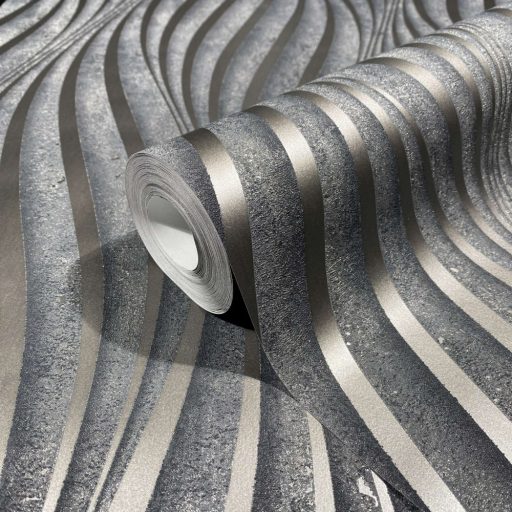 Absztrakt hullám (spirál)minta beton háttéren 3D antracit szürke és ezüst tónus fénylő mintarajzolat tapéta