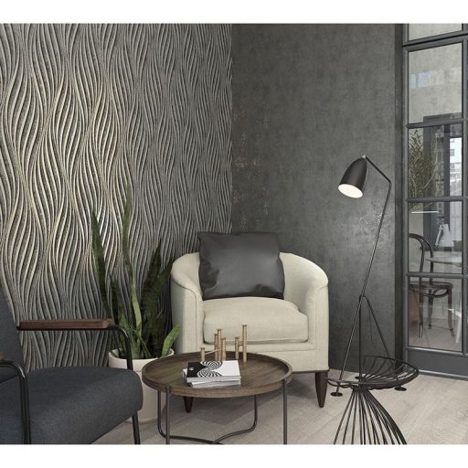 Absztrakt hullám (spirál)minta beton háttéren 3D antracit szürke és ezüst tónus fénylő mintarajzolat tapéta