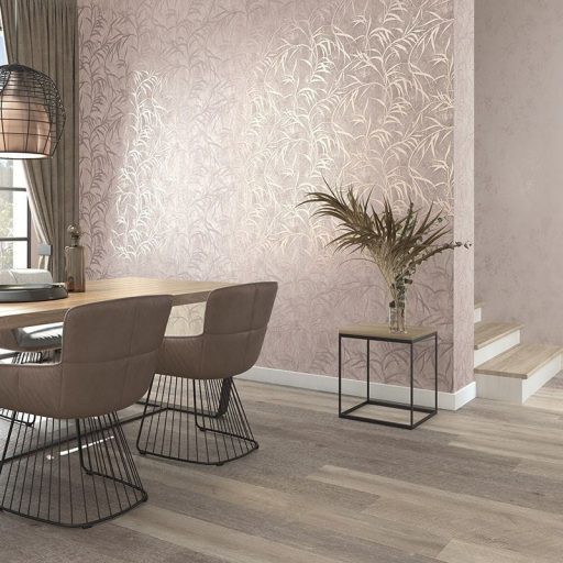 Elragadó könnyed levélmintázat fénylő mintarajzolat bézs barna és roségold tónus tapéta