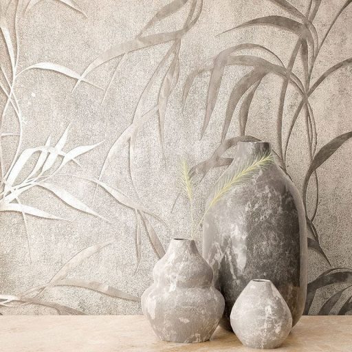 Elragadó könnyed levélmintázat fénylő mintarajzolat szürke szürkésbarna ezüst és arany tónus tapéta