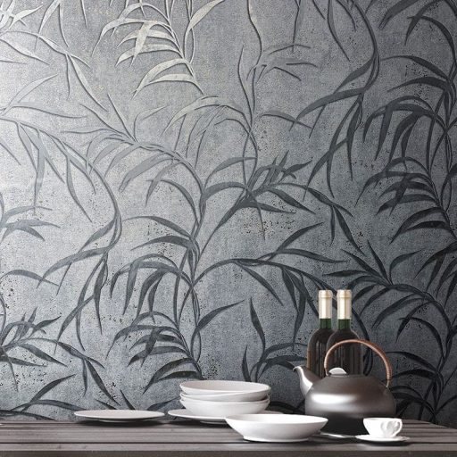 Elragadó könnyed levélmintázat fénylő mintarajzolat szürke és ezüst tónus tapéta