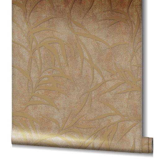 Elragadó könnyed levélmintázat fénylő mintarajzolat barna és arany tónus tapéta