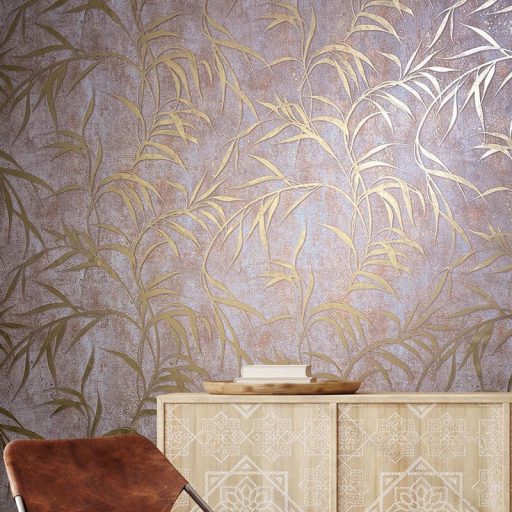 Elragadó könnyed levélmintázat fénylő mintarajzolat barna és arany tónus tapéta