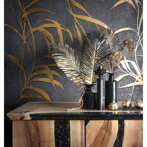 Elragadó könnyed levélmintázat fénylő mintarajzolat antracit és arany tónus tapéta