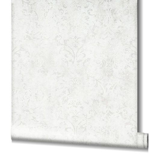 Vintage damaszt barokk minta kopottas beton háttéren fehér és gyöngyház tónus fénylő mintarajzolat tapéta