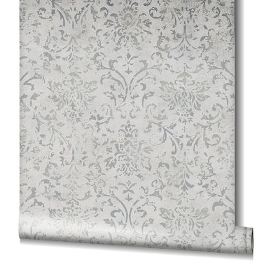 Vintage damaszt barokk minta kopottas beton háttéren szürke/ezüstszürke és arany tónus fénylő mintarajzolat tapéta