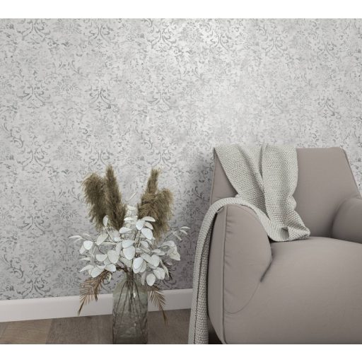 Vintage damaszt barokk minta kopottas beton háttéren szürke/ezüstszürke és arany tónus fénylő mintarajzolat tapéta