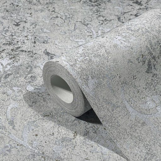 Vintage damaszt barokk minta kopottas beton háttéren szürke és ezüst tónus fénylő mintarajzolat tapéta