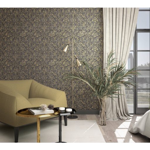 Vintage damaszt barokk minta kopottas beton háttéren antracit és arany tónus fénylő mintarajzolat tapéta