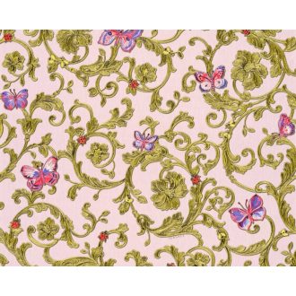  As-Creation Versace 3, 34325-4  indaminta pillangókkal rózsaszín zöldarany  lila pink tapéta