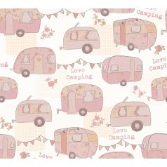 Gyerekszobai camping lakókocsik krémfehér bézs rózsaszín árnyalatok tapéta