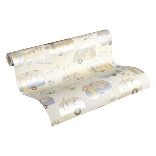 Gyerekszobai camping lakókocsik krémfehér pasztel rózsaszín kék zöld tapéta
