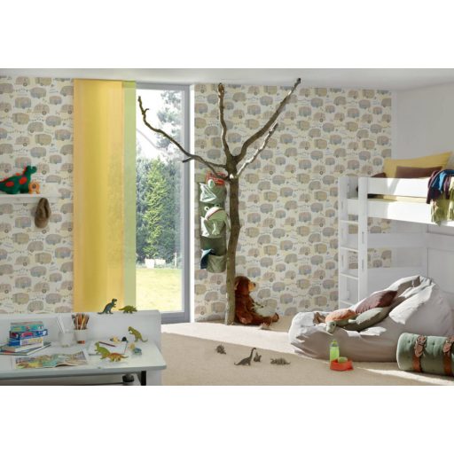 Gyerekszobai camping lakókocsik krémfehér pasztel rózsaszín kék zöld tapéta