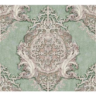   Varázslatos művészi megjelenésű és kidolgozású barokk díszítőminta zöld és lila tónus irizáló fénylő hatás tapéta