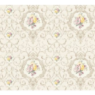   As-Creation Chateau 5, 34391-2 Romantikus inda és virágminta barokk megjelenésben krém szürke ezüst szines fémes hatás tapéta