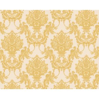   Részletesen kidolgozott virágkosarak és díszes indák pompás mintája meleg bézs és gazdag arany árnyalatok tapéta