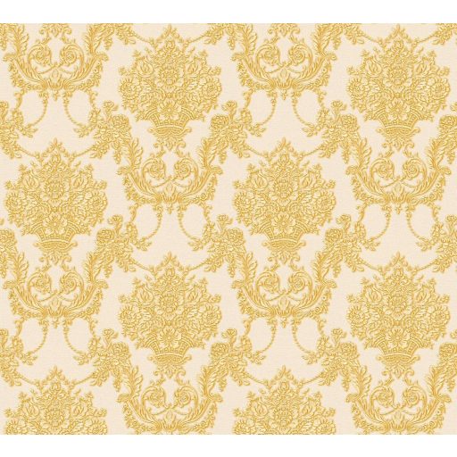Részletesen kidolgozott virágkosarak és díszes indák pompás mintája meleg bézs és gazdag arany árnyalatok tapéta