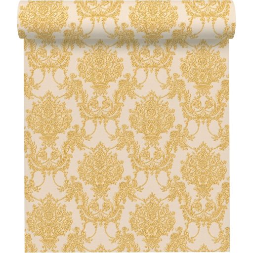 Részletesen kidolgozott virágkosarak és díszes indák pompás mintája meleg bézs és gazdag arany árnyalatok tapéta