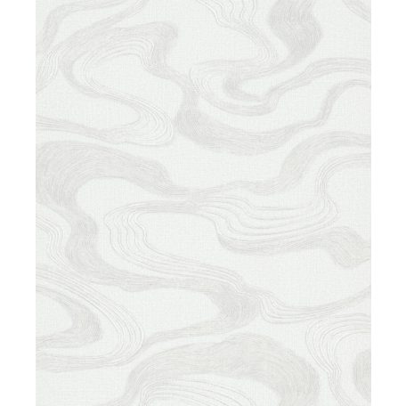 Japán tájat idéző absztrakt hullám/szalag minta textil háttéren törtfehér szürke és ezüst tónus fémes hangsúlyok tapéta