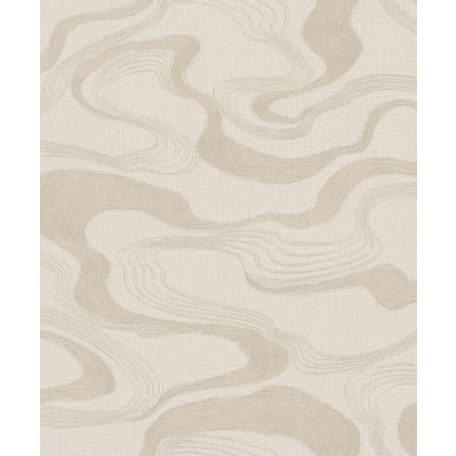 Japán tájat idéző absztrakt hullám/szalag minta textil háttéren krém bézs és barna tónus fémes hangsúlyok tapéta