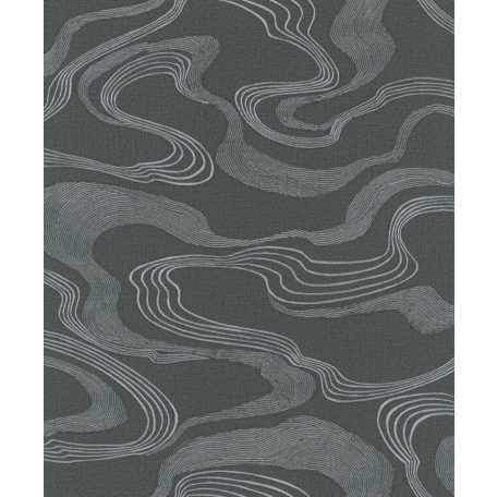 Japán tájat idéző absztrakt hullám/szalag minta textil háttéren antracit ezüst és fehérezüst tónus fémes hangsúlyok tapéta