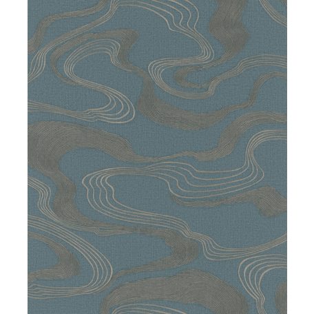 Japán tájat idéző absztrakt hullám/szalag minta textil háttéren kék barna és ezüst/fehérezüst tónus fémes hangsúlyok tapéta