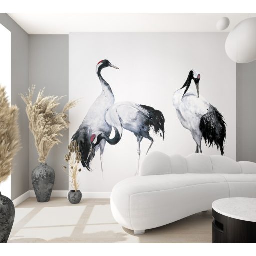Kettesben szép az élet - Elragadó darupár fehér szürke fekete és piros tónus falpanel