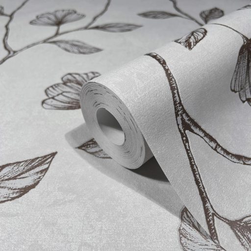 Virágos indák levelek beton háttéren szürke/világosszürke és fémes hatású bronz mintarajzolat tapéta