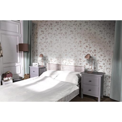 Virágos indák levelek beton háttéren szürke/világosszürke és fémes hatású bronz mintarajzolat tapéta