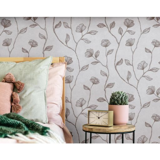 Virágos indák levelek beton háttéren szürke/világosszürke és fémes hatású bronz mintarajzolat tapéta