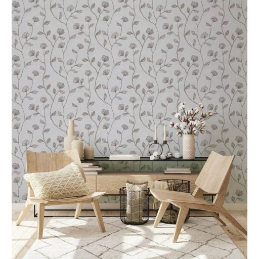 Virágos indák levelek beton háttéren szürke/világosszürke és fémes hatású bronz mintarajzolat tapéta