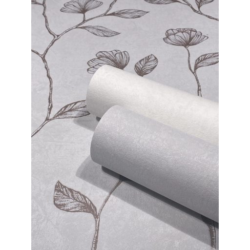 Virágos indák levelek beton háttéren szürke/világosszürke és fémes hatású bronz mintarajzolat tapéta