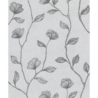   Virágos indák levelek beton háttéren szürke/világosszürke és fémes hatású sötét ezüstszürke mintarajzolat tapéta