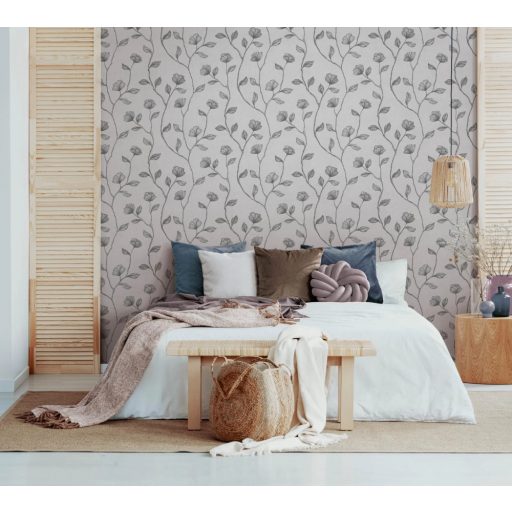 Virágos indák levelek beton háttéren szürke/világosszürke és fémes hatású sötét ezüstszürke mintarajzolat tapéta