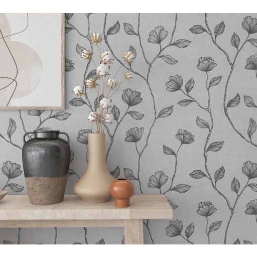 Virágos indák levelek beton háttéren szürke/világosszürke és fémes hatású sötét ezüstszürke mintarajzolat tapéta