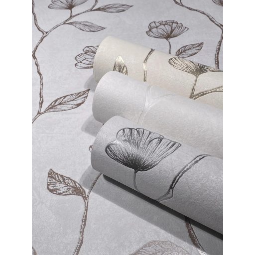 Virágos indák levelek beton háttéren szürke/világosszürke és fémes hatású sötét ezüstszürke mintarajzolat tapéta