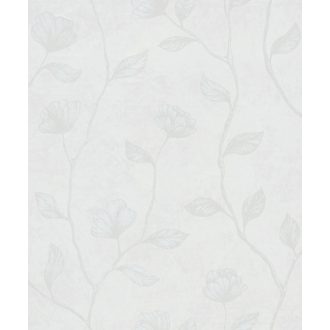   Virágos indák levelek beton háttéren szürkésfehér világosszürke és fénylő fehér mintarajzolat tapéta