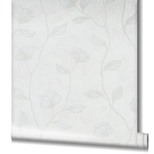 Virágos indák levelek beton háttéren szürkésfehér világosszürke és fénylő fehér mintarajzolat tapéta