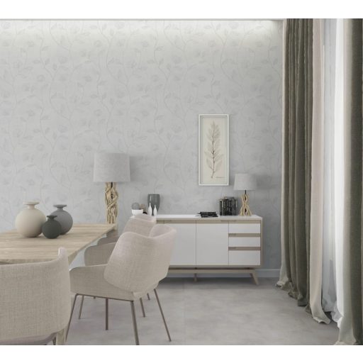 Virágos indák levelek beton háttéren szürkésfehér világosszürke és fénylő fehér mintarajzolat tapéta