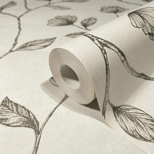 Virágos indák levelek beton háttéren bézs szürkésbézs és fémes hatású arany mintarajzolat tapéta