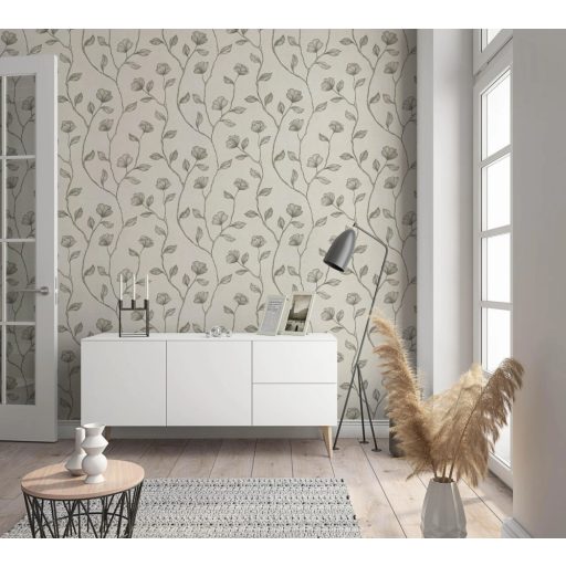 Virágos indák levelek beton háttéren bézs szürkésbézs és fémes hatású arany mintarajzolat tapéta