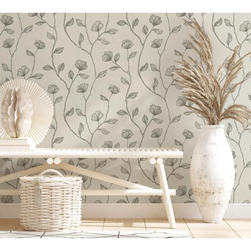 Virágos indák levelek beton háttéren bézs szürkésbézs és fémes hatású arany mintarajzolat tapéta