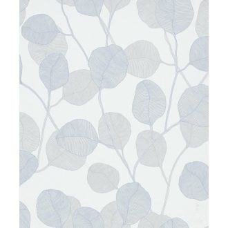   Vidám naív ábrázolású grafikus virágmotívum textil háttéren fehér kék és szürke tónus tapéta