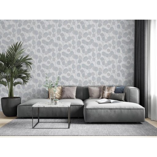 Vidám naív ábrázolású grafikus virágmotívum textil háttéren fehér kék és szürke tónus tapéta