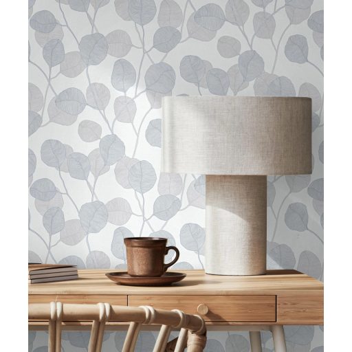 Vidám naív ábrázolású grafikus virágmotívum textil háttéren fehér kék és szürke tónus tapéta